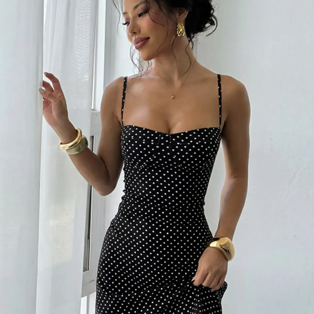 Sexy Stylish Comfortable Polka Dot Backless Spaghetti Strap Dress, Women's Fashion Casual Chic Trendy Dress Sleeveless Fitted Wear for All Seasons, Womenswear