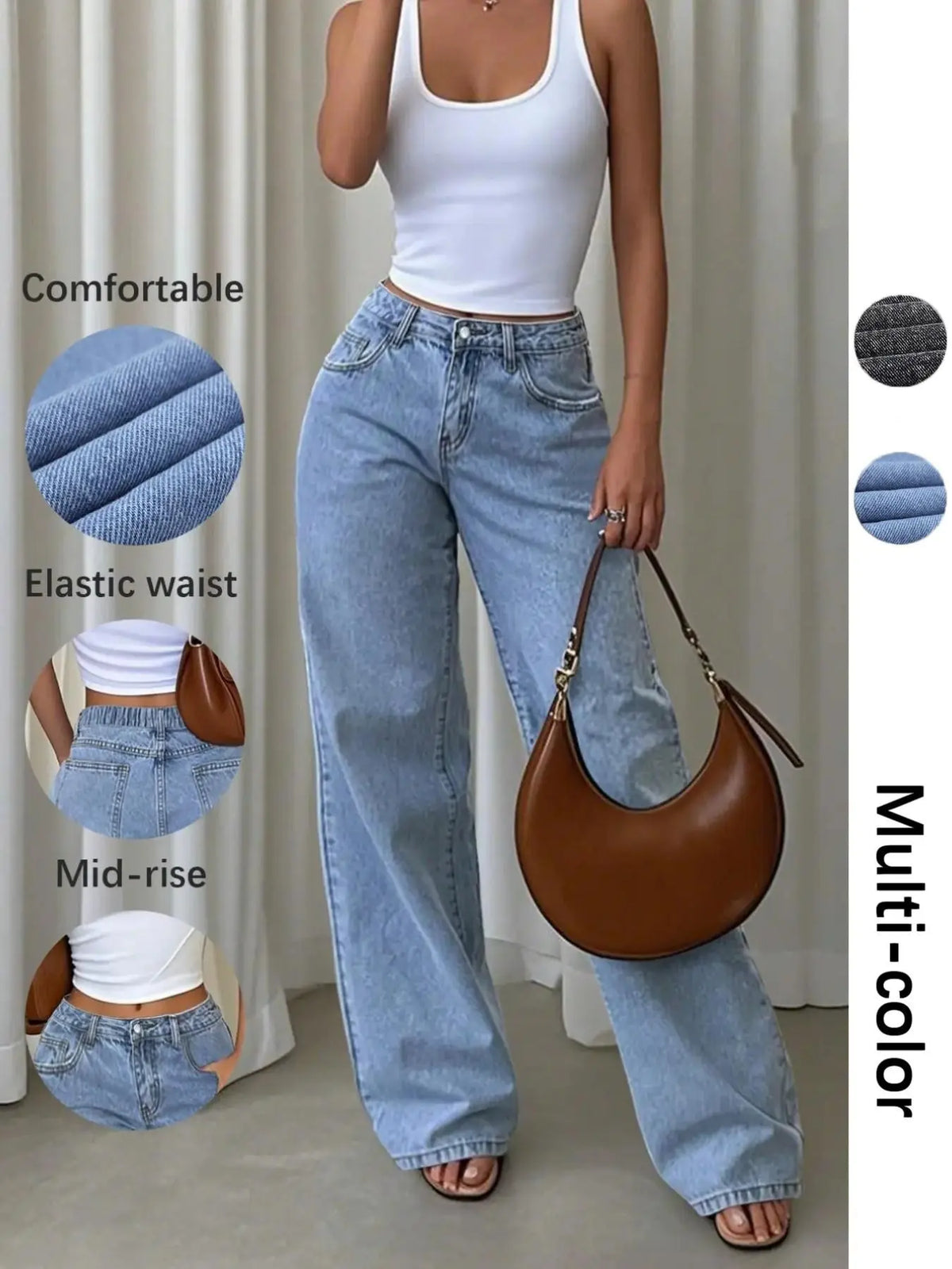 Women's Denim Wide Leg Pants, Multi-Color Durable Comfortable Front Pocket Y2K Vintage Washed, Mid-Waist Loose Straight Fit for Dating and Walking Jeans