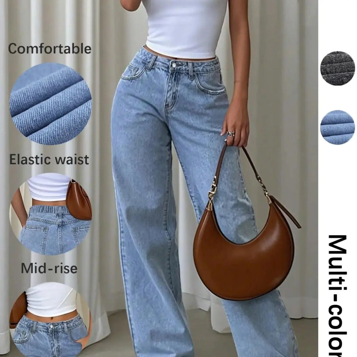 Women's Denim Wide Leg Pants, Multi-Color Durable Comfortable Front Pocket Y2K Vintage Washed, Mid-Waist Loose Straight Fit for Dating and Walking Jeans