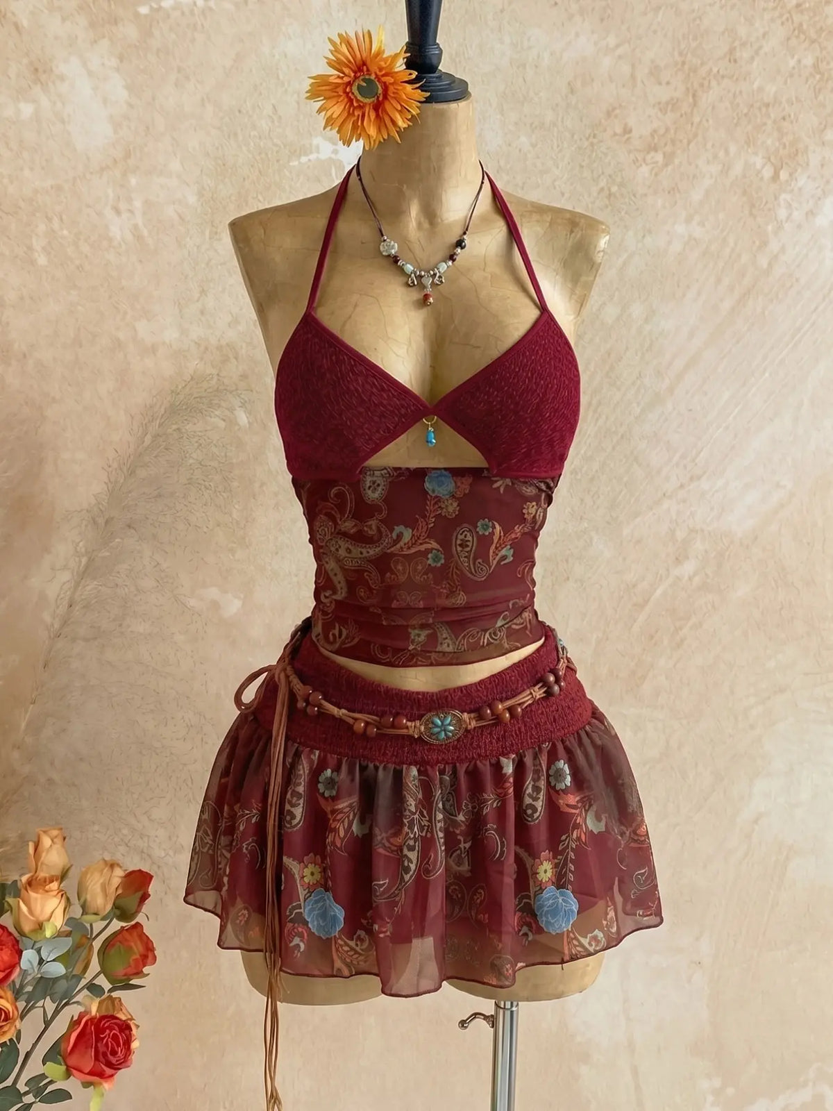 Women's Retro Vintage Paisley Print Crochet Two-Piece Set, Bohemian Boho Halter Crop Top & Ruffled Midi Skirt with Mesh Detail, Y2K Ethnic Style, for Casual, Vacation & Date, Spring/Summer/Fall