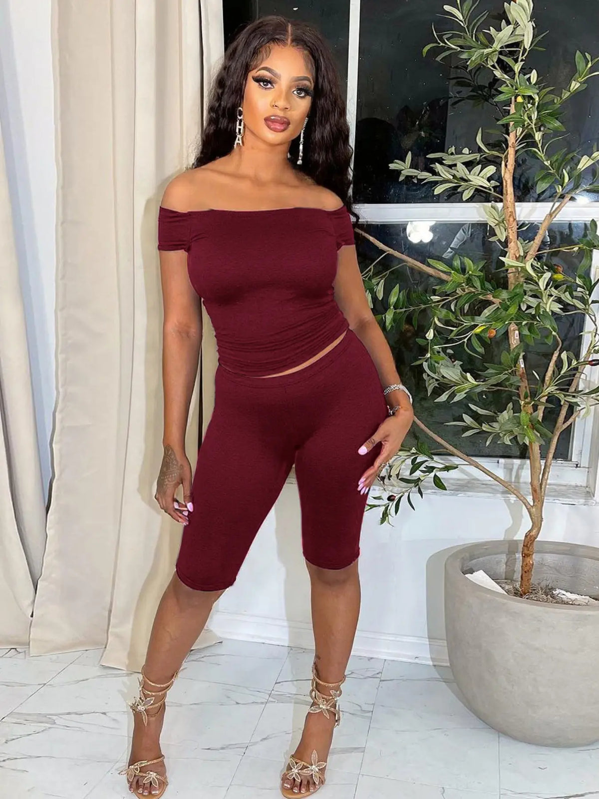 Two-piece Set Women's Leopard Print Off Shoulder Fitted Top & Capri Pants, Fashion Casual Chic Top & Capri Trousers for Daily Outdoor Wear, Ladies Clothes Outfit, two pieces outfits, Cropped #GLOBAL PICKS