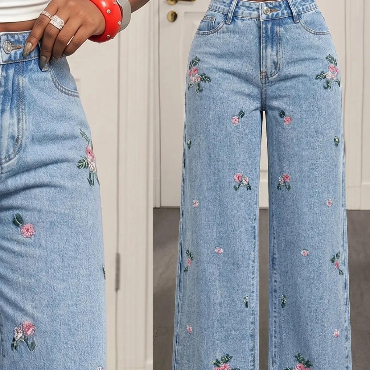Women's Floral Embroidered Wide Leg Jeans, Casual High Waist Light Blue Washed Loose Fit Straight Pants, Long Denim Trousers, Casual Design Jeans