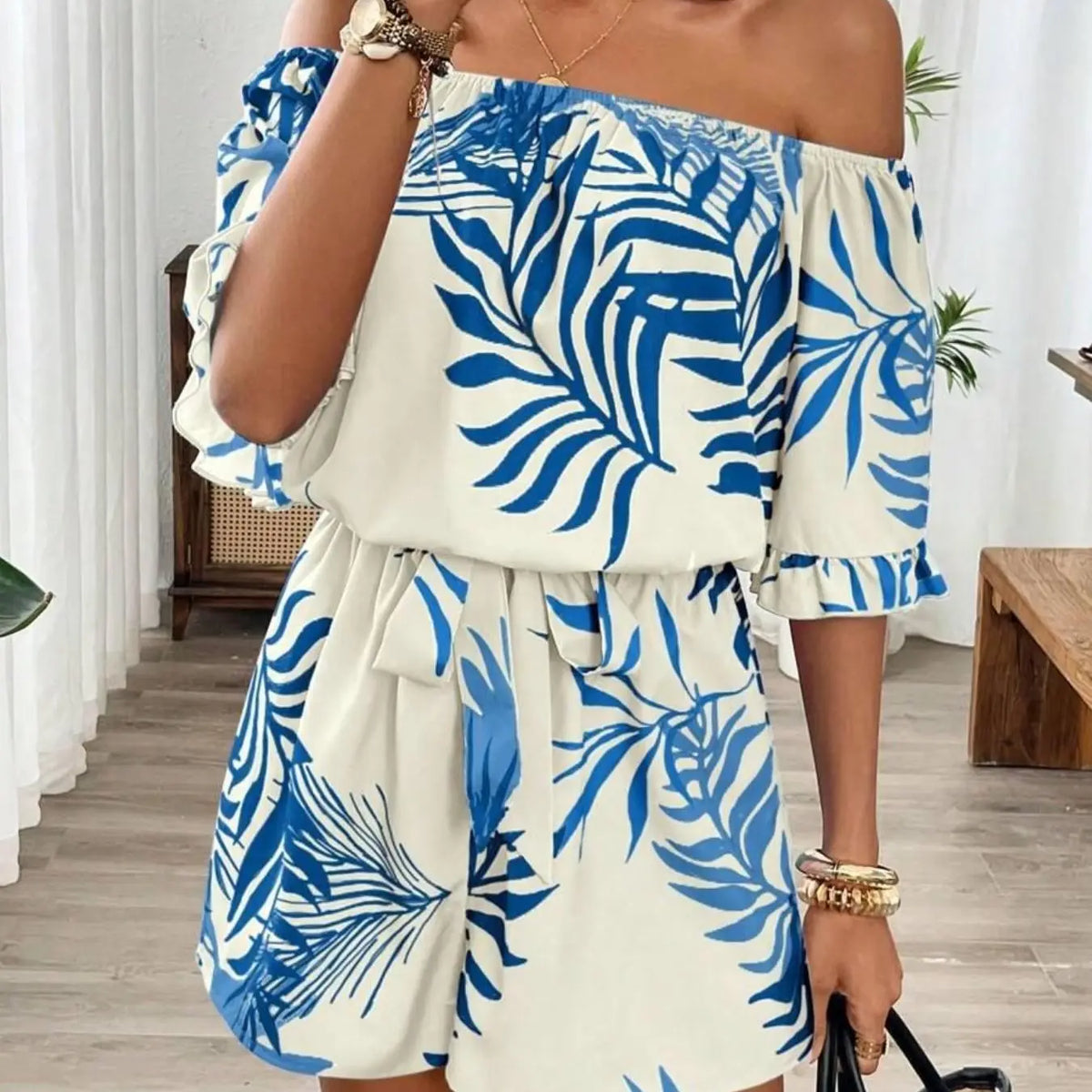 Women's Tropical Print Off-Shoulder Lightweight Romper, Bohemian Style, Ruffled Sleeve & Hem, Cinched Waist, Stylish & Comfortable Summer Wear