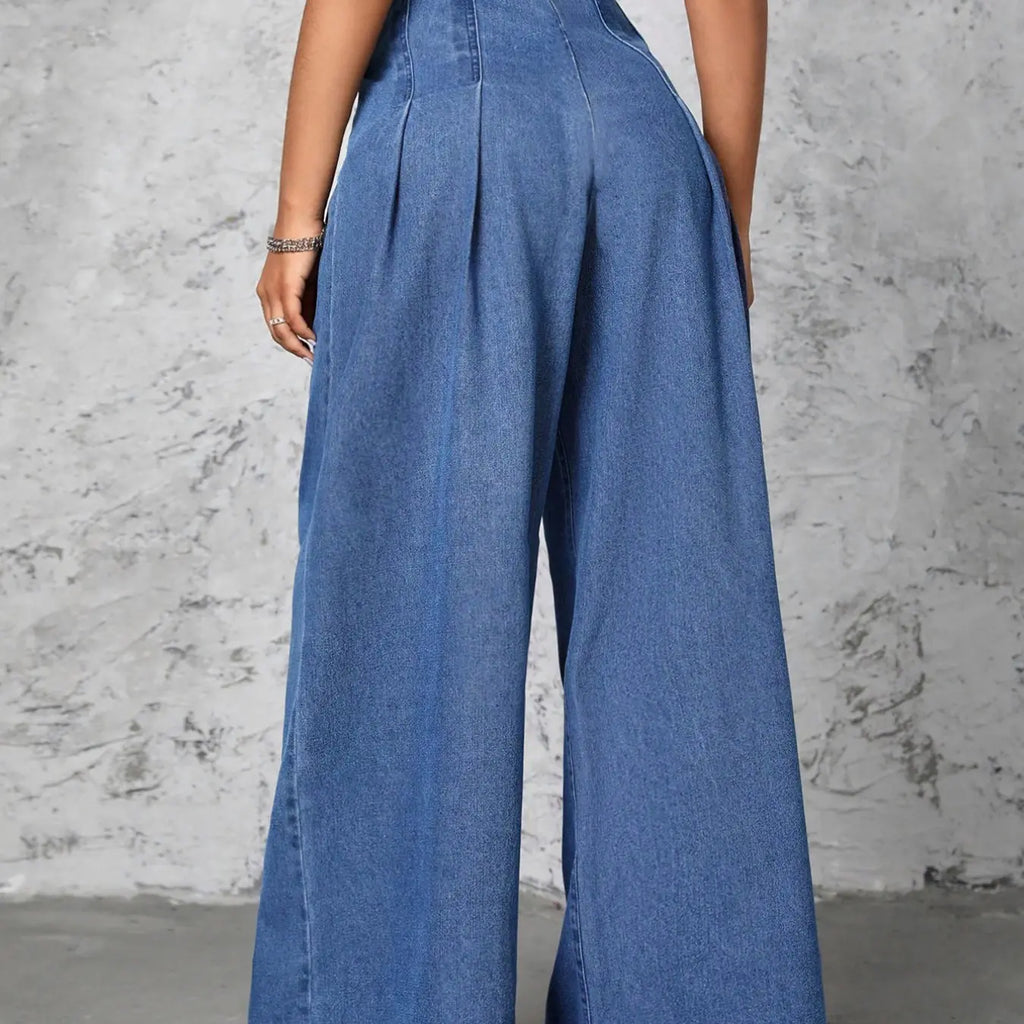 Women High Waist Pleated Front Wide Leg Jeans, Non Stretch Casual Loose Fit Palazzo Denim Trousers, Streetwear Fashion