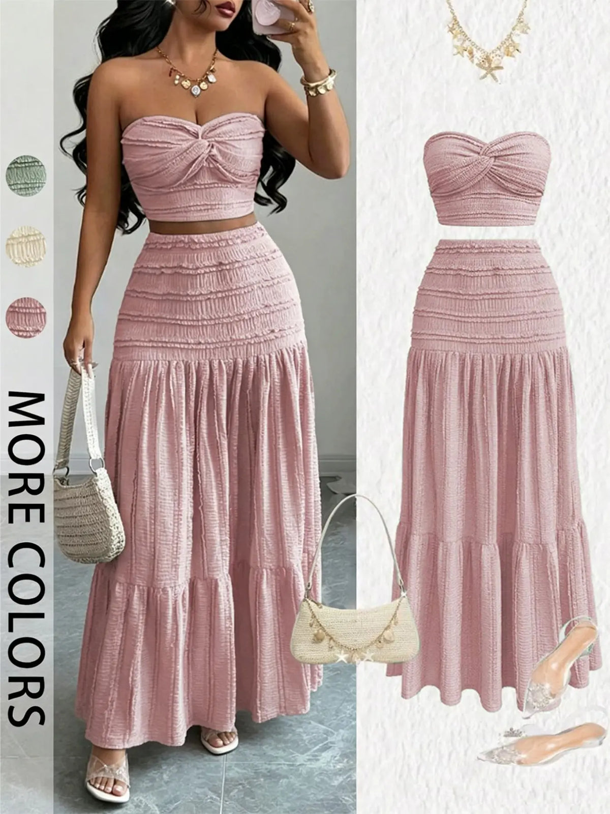 Women's Elegant Formal Wear Evening Dress Matching Set, Sweet Cute Strapless Sleeveless Crop Top and Skirt, Casual Party, Comfortable and Stylish Clothes