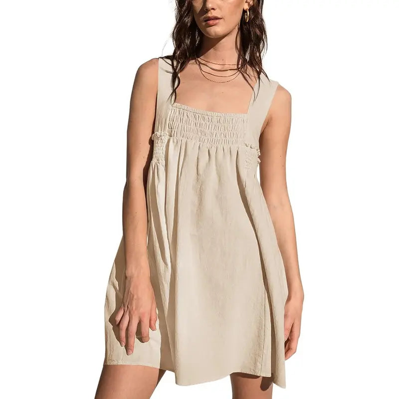 Imily Bela Women 's Summer Casual Sleeveless Mini Dress Square Neck Smocked Swing Loose Babydoll Dress Breathable Womenswear