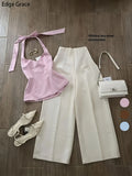 2026 New Women's Casual Halter Neck Sleeveless Top & Long Pants Two-Piece Set, Summer Matching Sets, Fashionable Ladies' Clothing, No Accessories Included