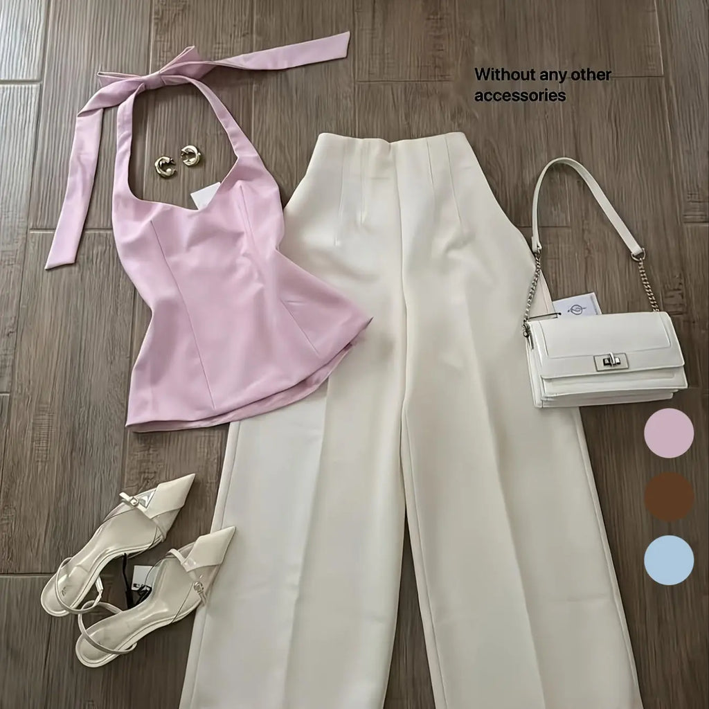 2026 New Women's Casual Halter Neck Sleeveless Top & Long Pants Two-Piece Set, Summer Matching Sets, Fashionable Ladies' Clothing, No Accessories Included