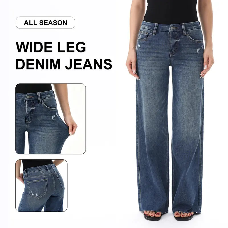 Freya ONESO Women Mid Rise High Stretchy BBL Jeans Butt Lifting Wide Leg Raw Hem Denim Pants Tummy Control Spring Basic Minimalist Woman Denim Bottom Comfortable Denim Jeans OSW8019 Plus Size Regular Size Fashion Daily Outfits DIY Inseams #SummerVibes