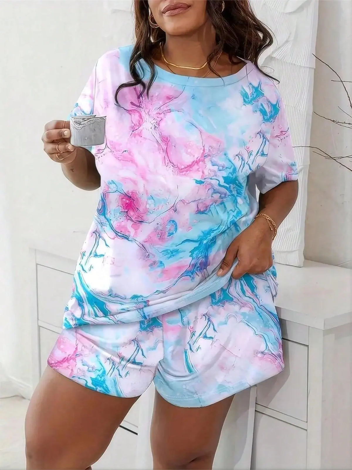 Women's Plus Size Casual Set, Spring Summer Loose Tie Dye Print Short Sleeve Round Neck Drop Shoulder Tee Top & Shorts Two-Piece Outfit Homewear Clothes
