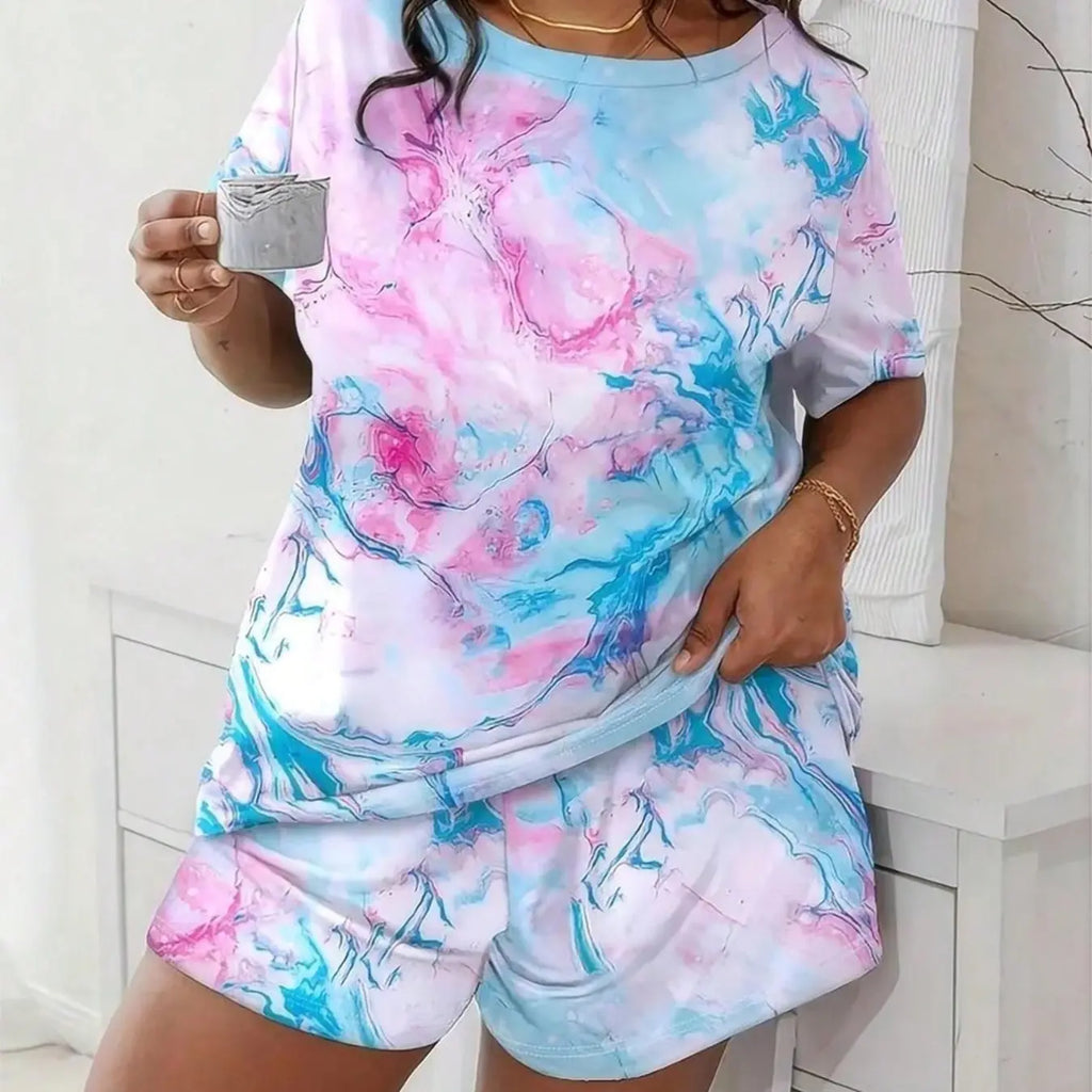 Women's Plus Size Casual Set, Spring Summer Loose Tie Dye Print Short Sleeve Round Neck Drop Shoulder Tee Top & Shorts Two-Piece Outfit Homewear Clothes