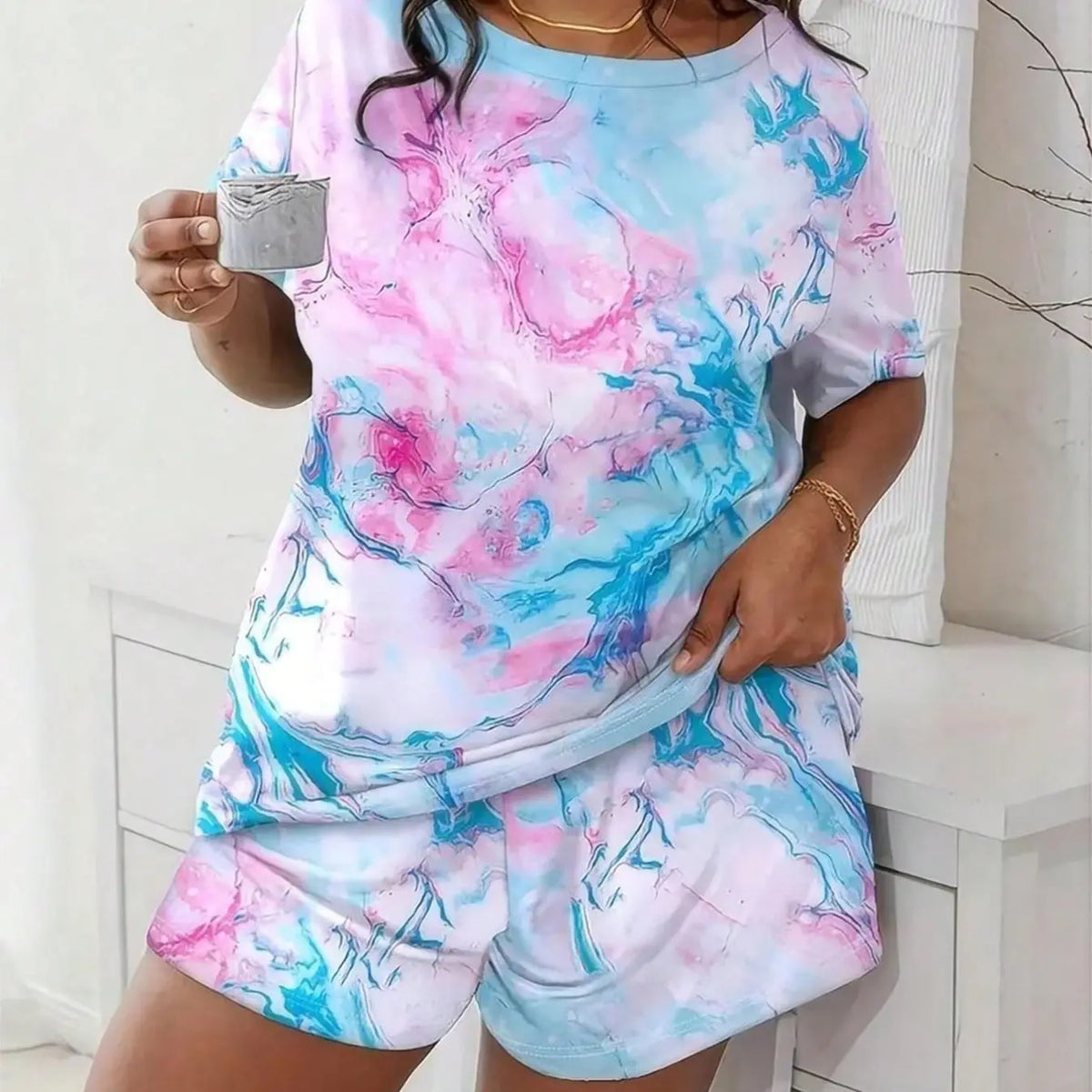 Women's Plus Size Casual Set, Spring Summer Loose Tie Dye Print Short Sleeve Round Neck Drop Shoulder Tee Top & Shorts Two-Piece Outfit Homewear Clothes