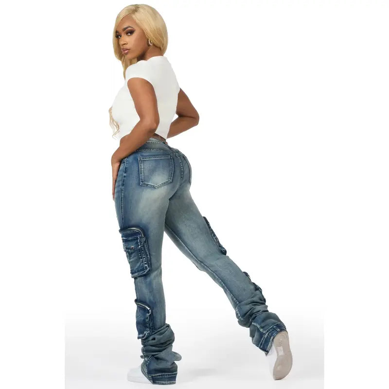 Alisson Dark Wash Tinted Cargo Super Stacked Jean