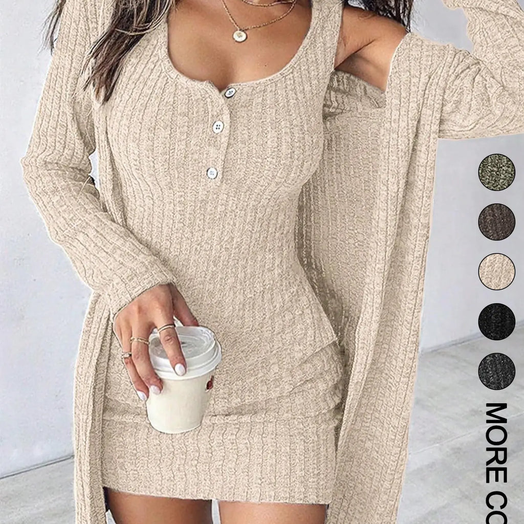 Women's Striped Knit Dress Set, Outfit, Long Sleeve, Cropped, Casual Style, Comfortable Fabric, Fashion Design, Womenswear, Vneck, Perfect for Daily Wear, Casual Everyday Wear