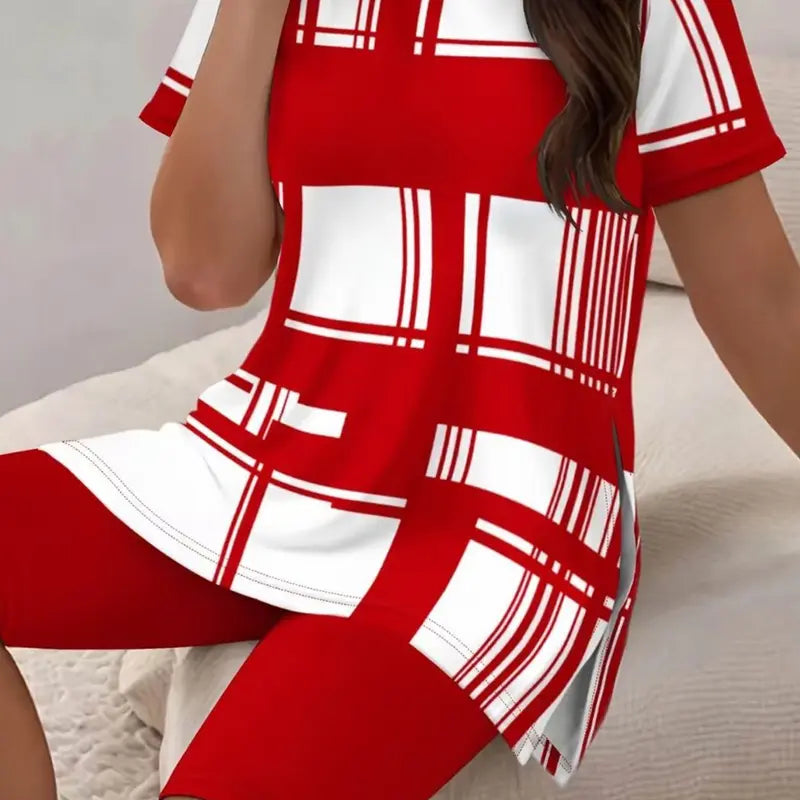 Plus Size Women's Casual 2-Piece Set - Plaid Stripe Color Block Print, Short Sleeve Round Neck Polyester Pullover Top, Shorts with 2-Sided Split, Plus Size Fashion, Regular Fit Comfortable Leisure Wear