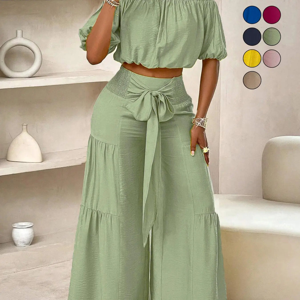 Summer Beach Vacation Bow Shoulderless Round Neck Shirt Wide Leg Pants Set, Casual Loose-Fitting, Women's Fashion, Womenswear
