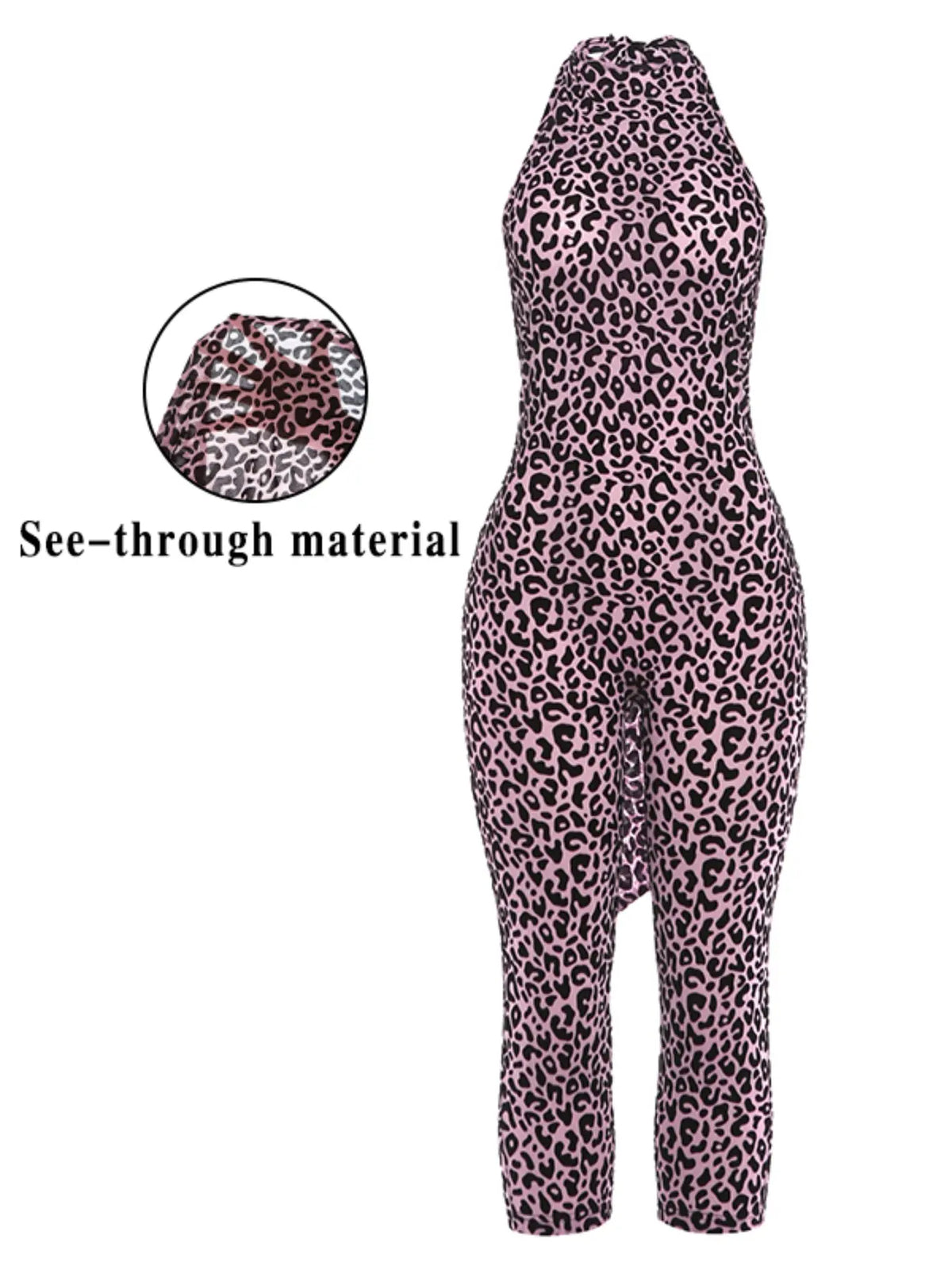Women's Sexy Mesh Leopard Print Halter Neck Backless Cropped Jumpsuit, Sleeveless High Waist Bodycon Jumpsuit, Fashionable Summer Womenswear Clothing