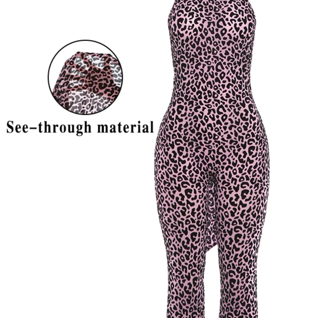 Women's Sexy Mesh Leopard Print Halter Neck Backless Cropped Jumpsuit, Sleeveless High Waist Bodycon Jumpsuit, Fashionable Summer Womenswear Clothing