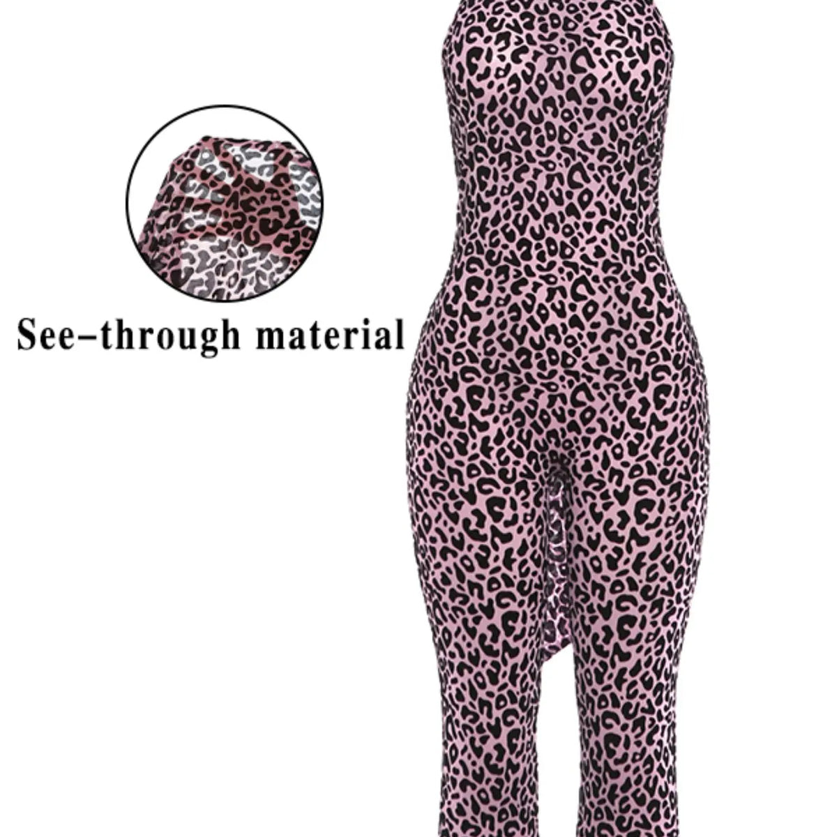 Women's Sexy Mesh Leopard Print Halter Neck Backless Cropped Jumpsuit, Sleeveless High Waist Bodycon Jumpsuit, Fashionable Summer Womenswear Clothing
