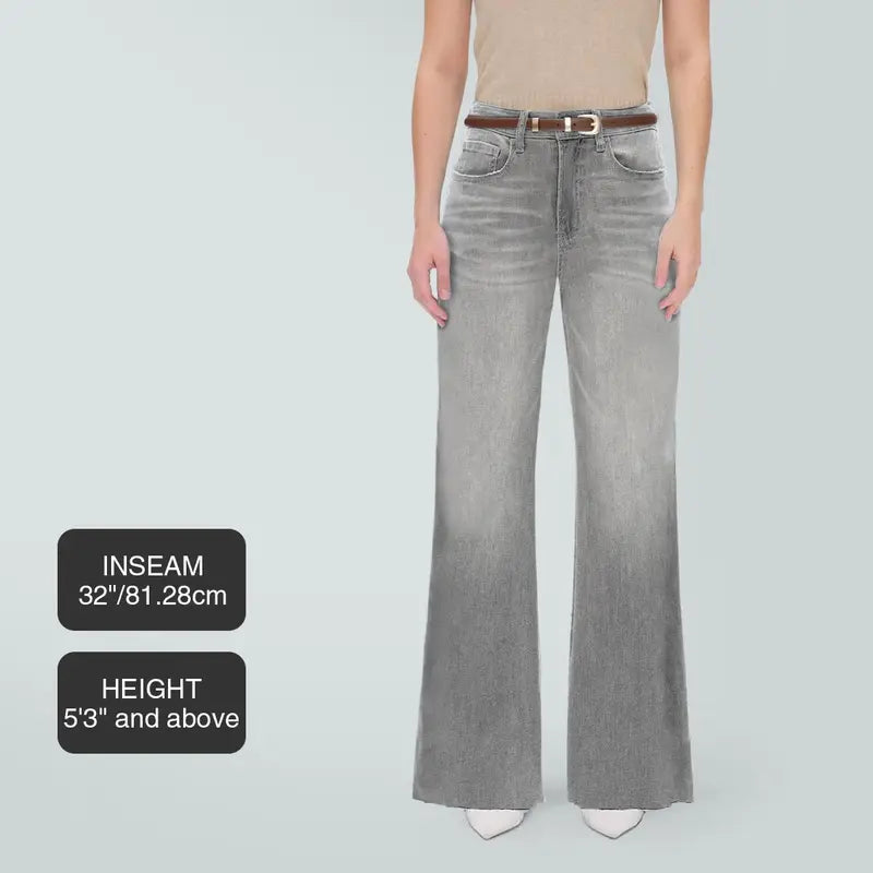 Joy BlueMoment Stretchy BBL Jeans High Waist Wide Leg Denim Pants Raw Hem Tummy Control Butt Lifting Jeans with Pockets Baggy Curve Hugging Fall Fashion 8101