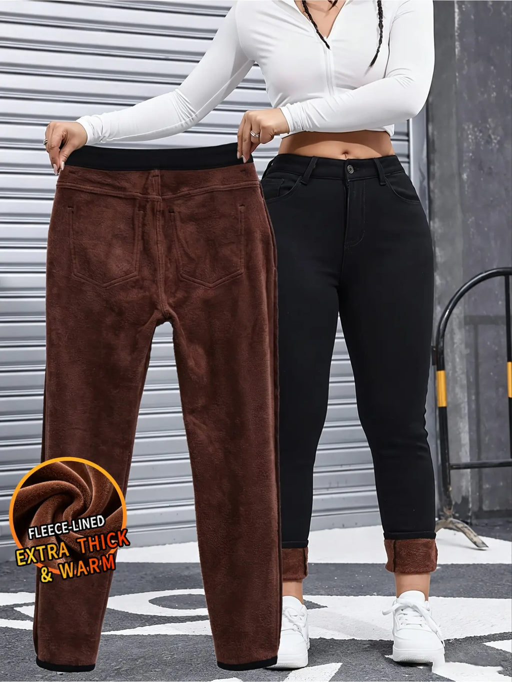 Women's Basic Chic Fleece-Lined Thermal High Waist Jeans, Slim-Fit Woven Denim Pants for Fall & Winter, Chic Bottoms, Trouser