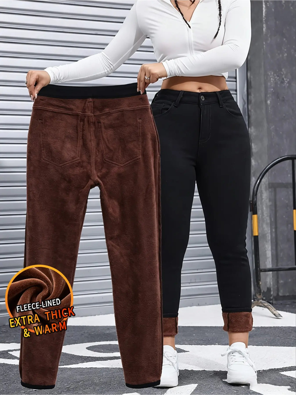 Women's Basic Chic Fleece-Lined Thermal High Waist Jeans, Slim-Fit Woven Denim Pants for Fall & Winter, Chic Bottoms, Trouser