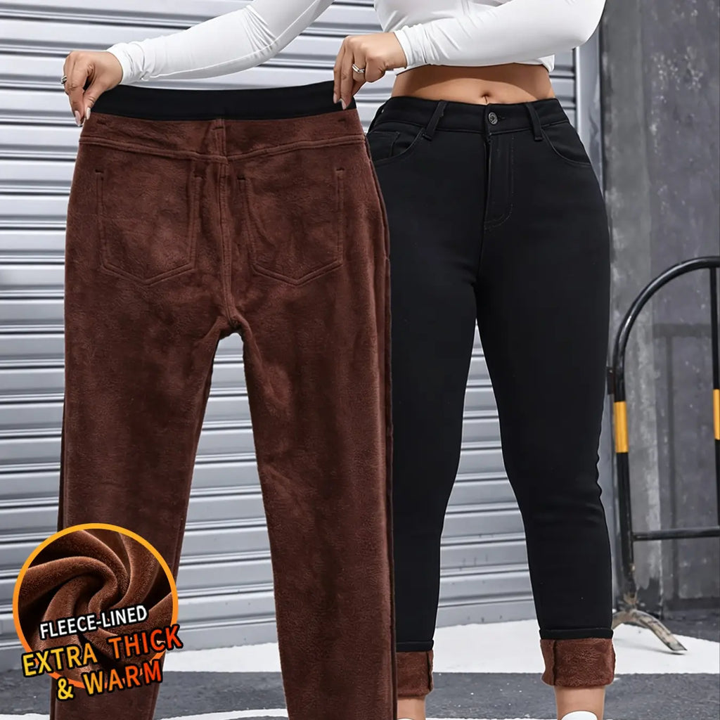 Women's Basic Chic Fleece-Lined Thermal High Waist Jeans, Slim-Fit Woven Denim Pants for Fall & Winter, Chic Bottoms, Trouser