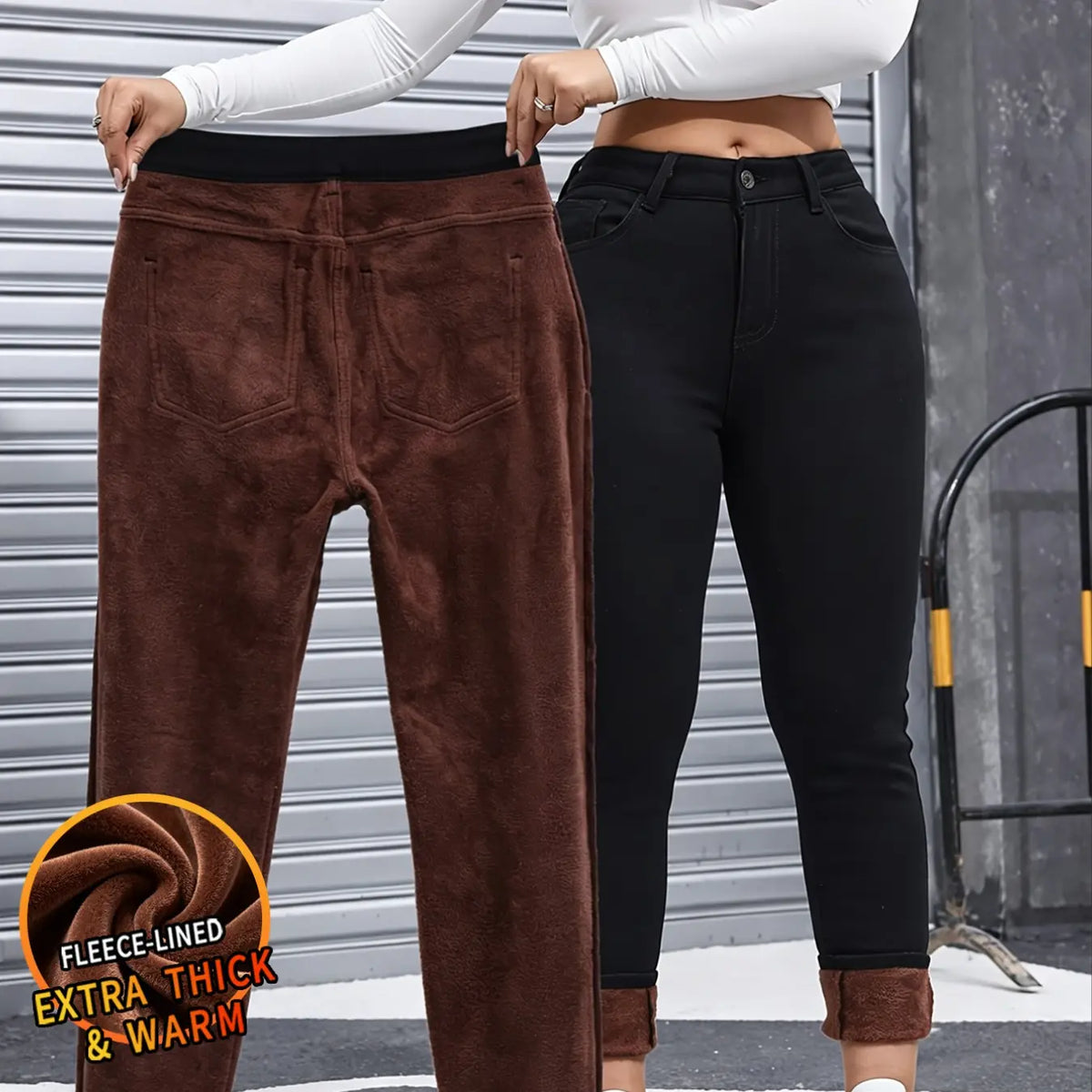 Women's Basic Chic Fleece-Lined Thermal High Waist Jeans, Slim-Fit Woven Denim Pants for Fall & Winter, Chic Bottoms, Trouser