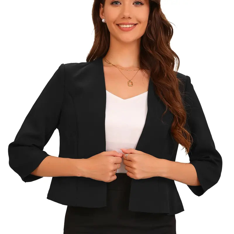 INSPIRE CHIC Elegant Blazer Women's Open Front Collarless 3/4 Sleeve Peplum Business Work Suit Jacket