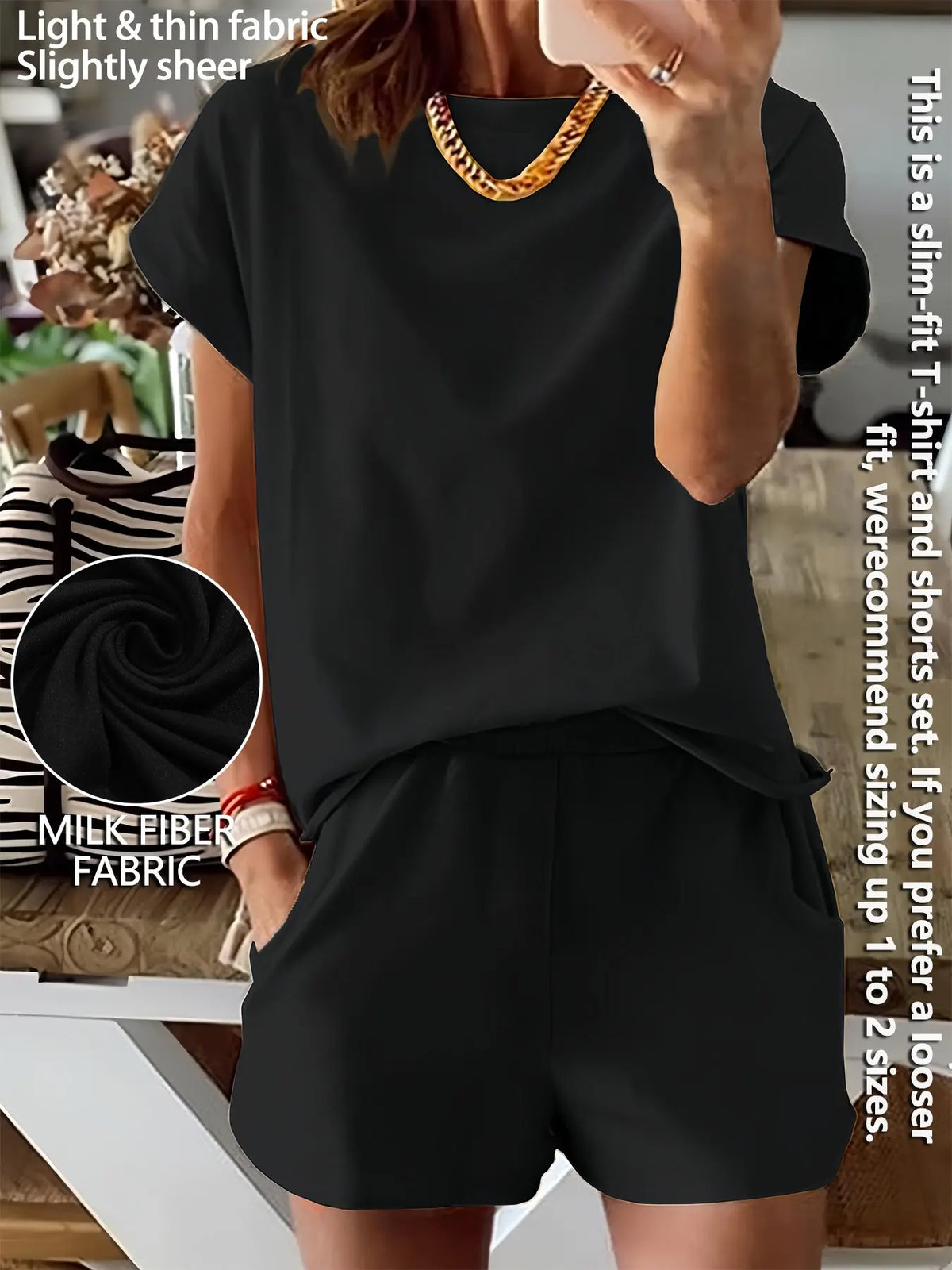 Women's Summer Short Sleeve Plain Basic Fitted Set Outfit Suits Womenswear Style, Slim-Fit Natural Waist Design Shorts & Tops, Perfect for Casual Wear