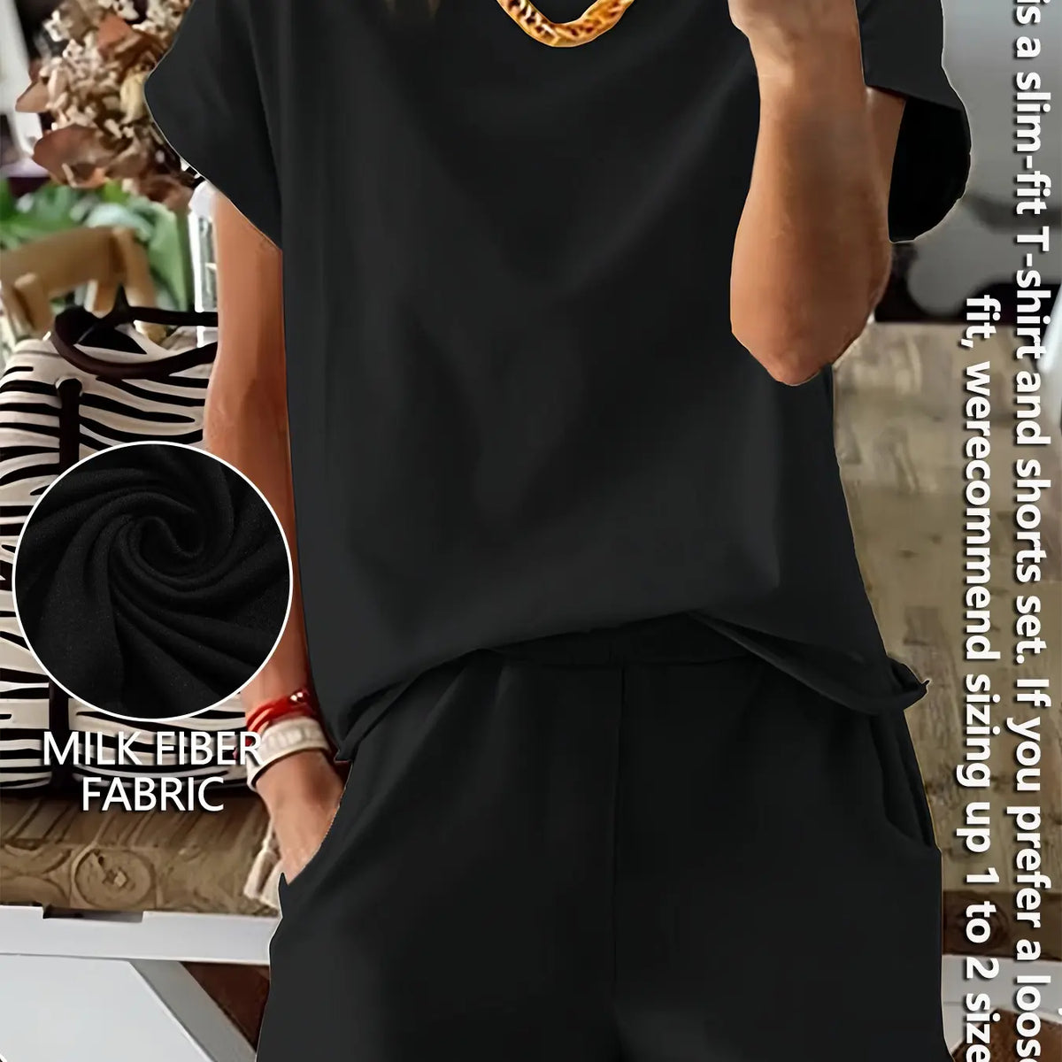 Women's Summer Short Sleeve Plain Basic Fitted Set Outfit Suits Womenswear Style, Slim-Fit Natural Waist Design Shorts & Tops, Perfect for Casual Wear