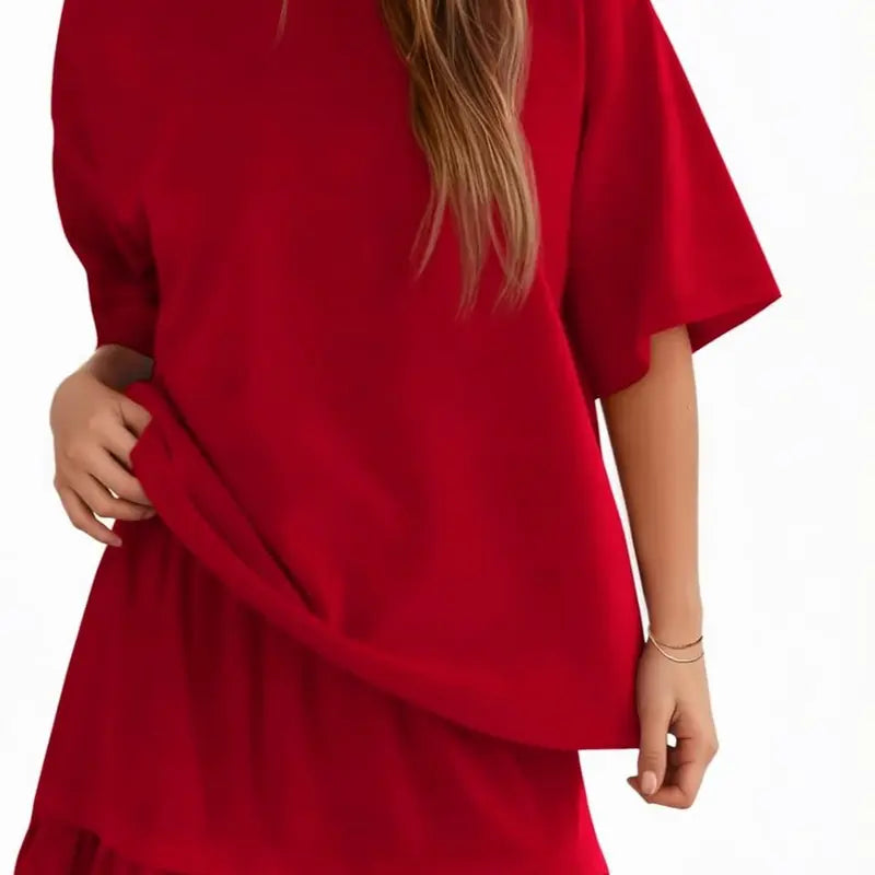 Yousify Women's 2-Piece Set, Casual Half-Sleeve Crew Neck Top & Basic Mini Skirt, Coordinated Summer Vacation Matching Sets for Women, Fashion Apparel