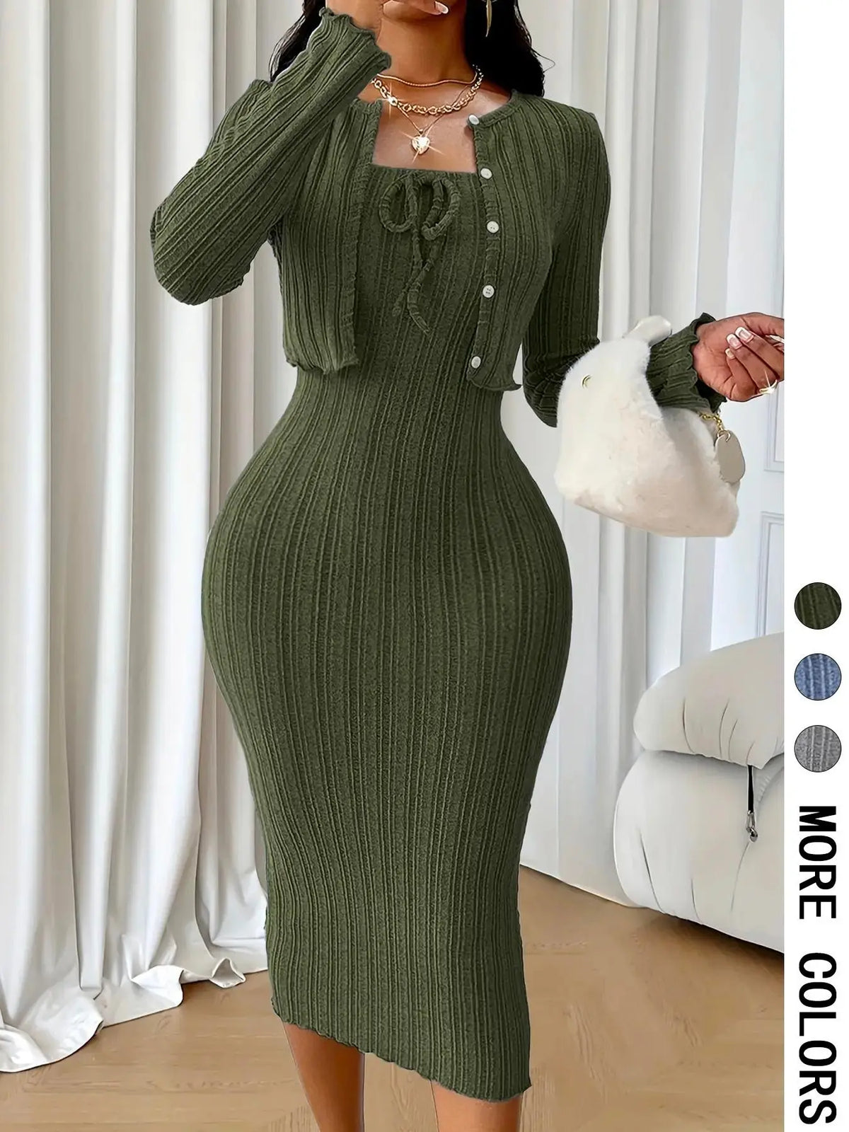Women Casual Chic Ribbed Texture Textured Elegance Strapless Dress Set with Cropped Jacket, Two-Piece for Spring & Fall Womenswear