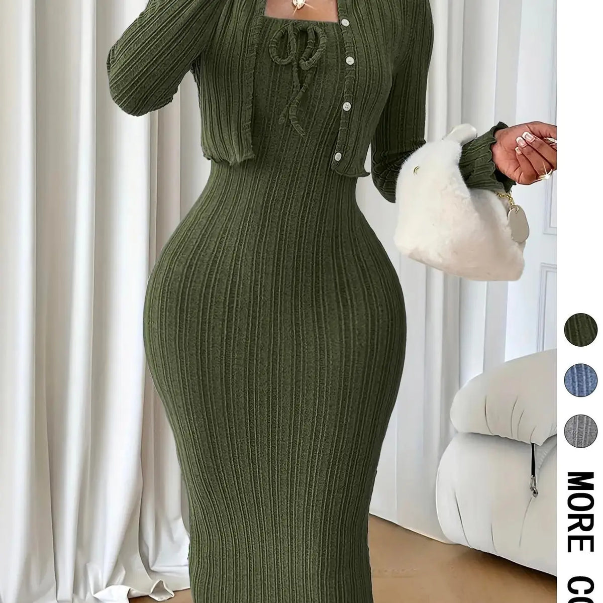 Women Casual Chic Ribbed Texture Textured Elegance Strapless Dress Set with Cropped Jacket, Two-Piece for Spring & Fall Womenswear