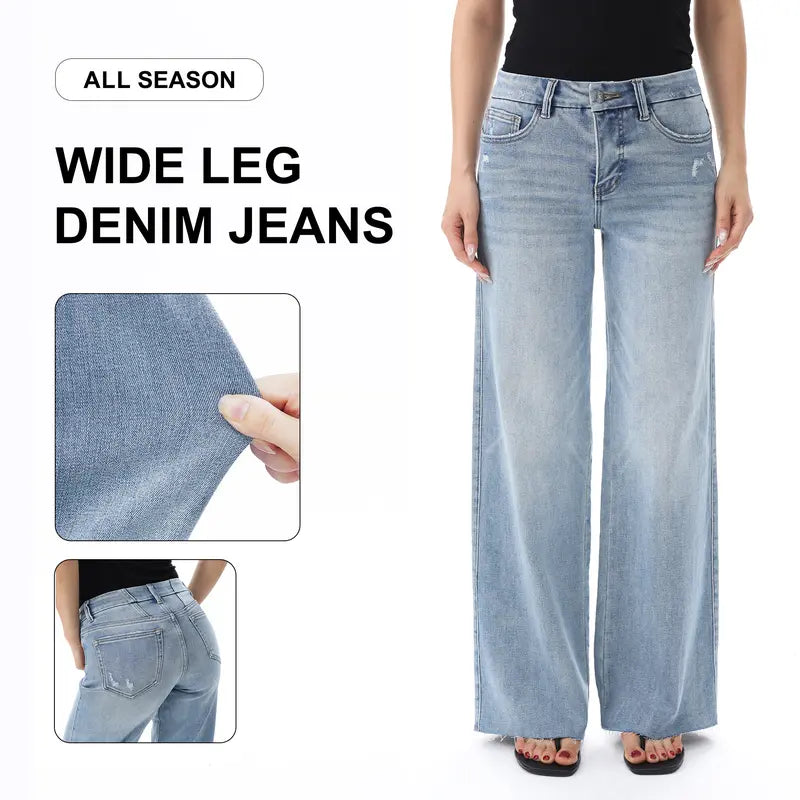 Freya ONESO Women Mid Rise High Stretchy BBL Jeans Butt Lifting Wide Leg Raw Hem Denim Pants Tummy Control Spring Basic Minimalist Woman Denim Bottom Comfortable Denim Jeans OSW8019 Plus Size Regular Size Fashion Daily Outfits DIY Inseams #SummerVibes