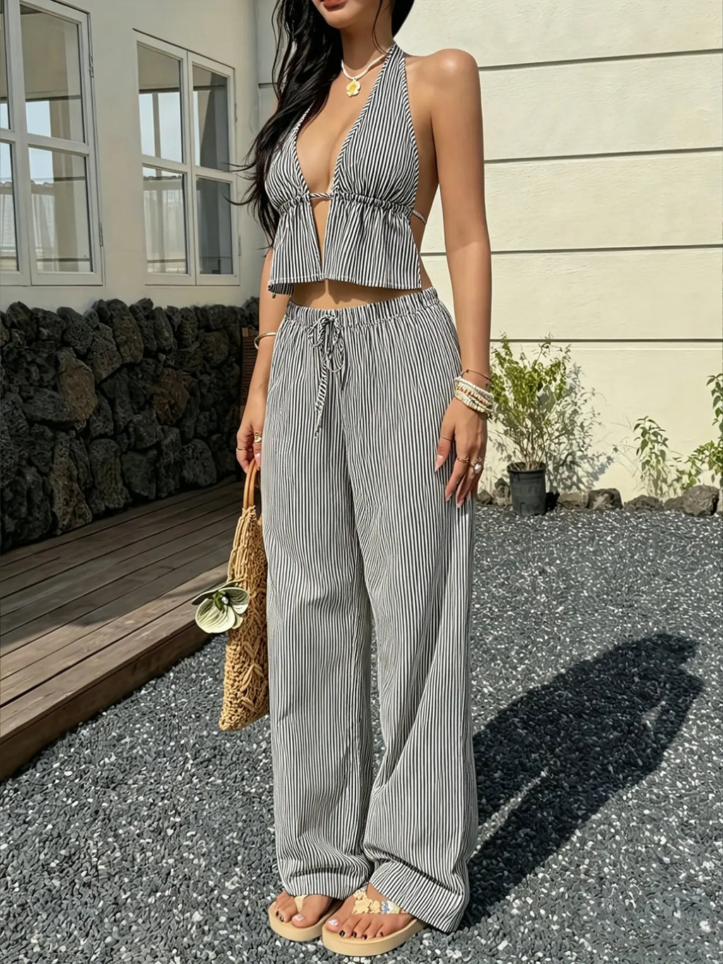 Women's Fashion Striped Halter Backless Top & Long Pants Set Outfit, Matching Outfit Set, Casual Chic Office Style, Perfect for Vacation, Date & Outdoor Wear
