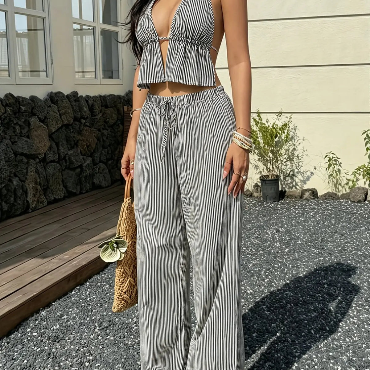 Women's Fashion Striped Halter Backless Top & Long Pants Set Outfit, Matching Outfit Set, Casual Chic Office Style, Perfect for Vacation, Date & Outdoor Wear