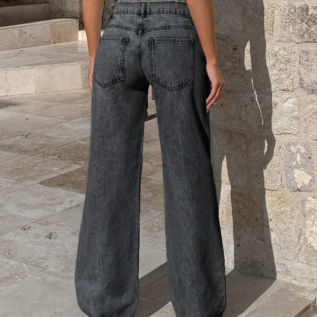 Women's Light Blue Wide Leg Basic Plain Casual Fashion Jeans, Light Wash, Soft Denim Material, Comfortable and Versatile, Fashionable Mid Waist Loose Fit Pants, Trouser, Womenswear