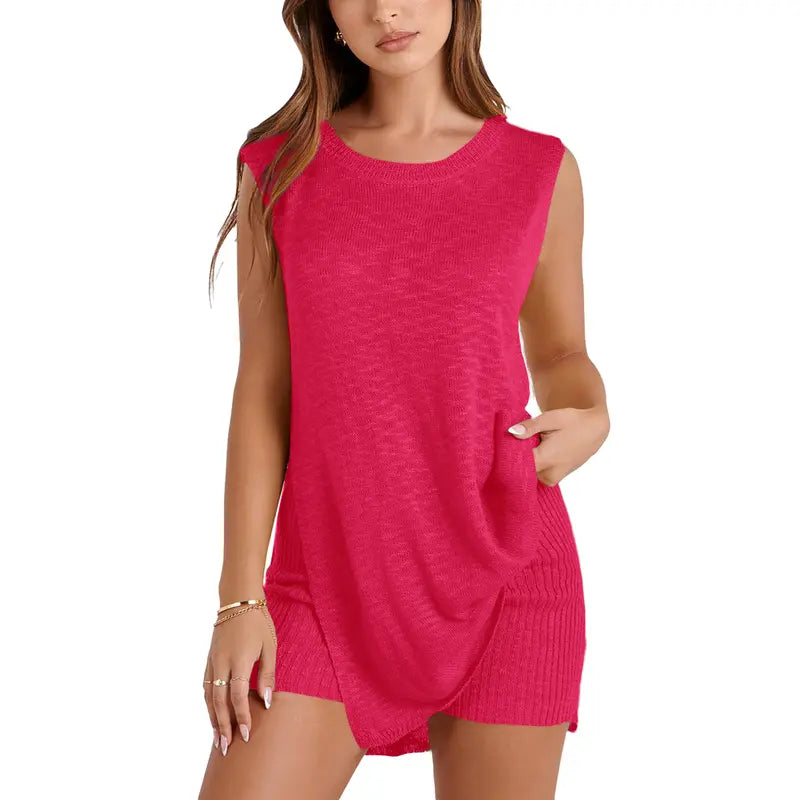 SCUSTY Women's 2 Piece Outfits Summer Summervibes Knit Sweater Set Sleeveless Tunic Top Matching Shorts Trendy Beach Vacation Sets Loungesetwomen Suits Clothes Womenswear  Basic Beige