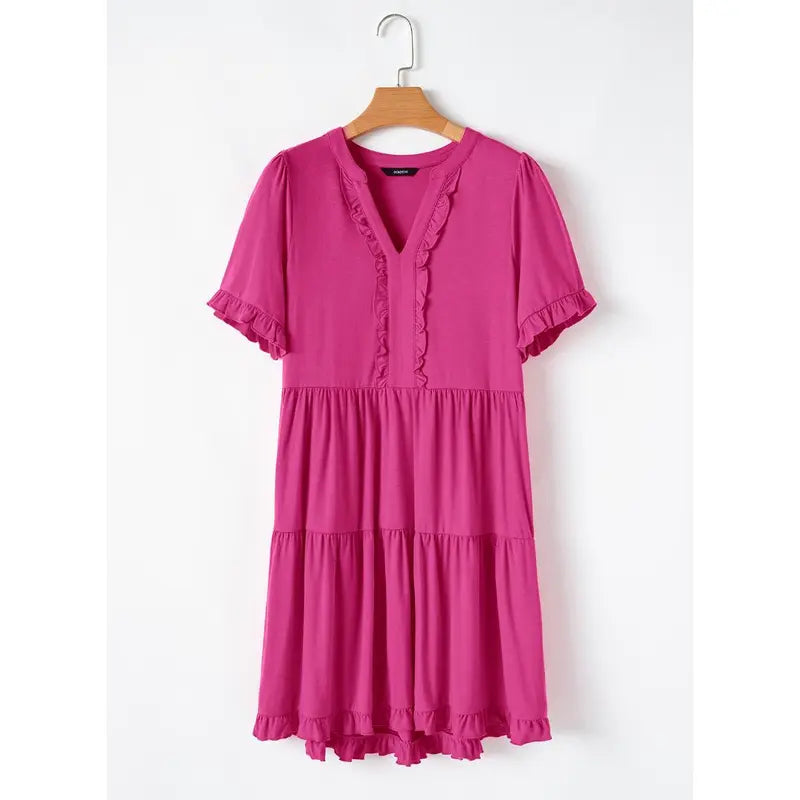 Dokotoo Womens Dresses 2026 Summer Spring V Neck Ruffle Short Sleeve Casual A-Line Flowy Swing Shift Dress Mini Dress