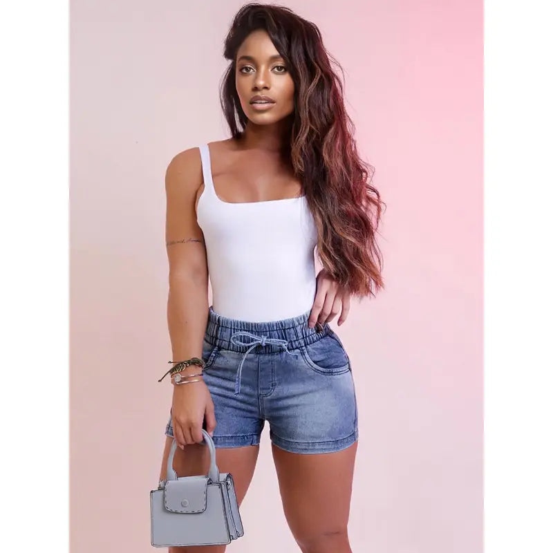 New slim-fit denim shorts for women. Sexy high-waisted design with elastic waist and tie, hot pants style Elegant Jeans Fitted Adjustable,back to school shopping