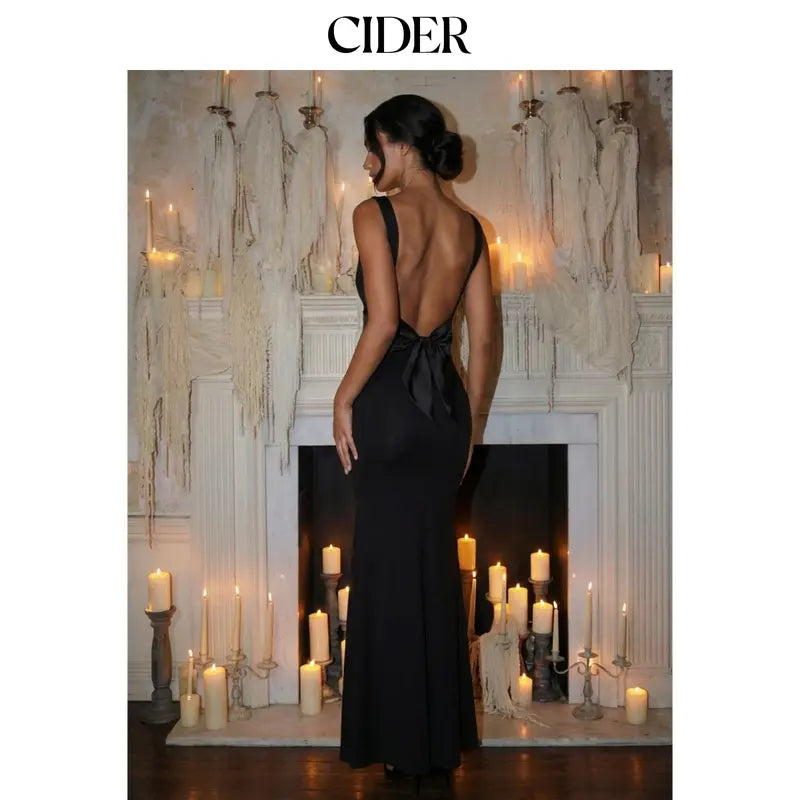 Cider Scoop Neckline Solid Bowknot Backless Maxi Dress Minimalist High Stretch Womenswear