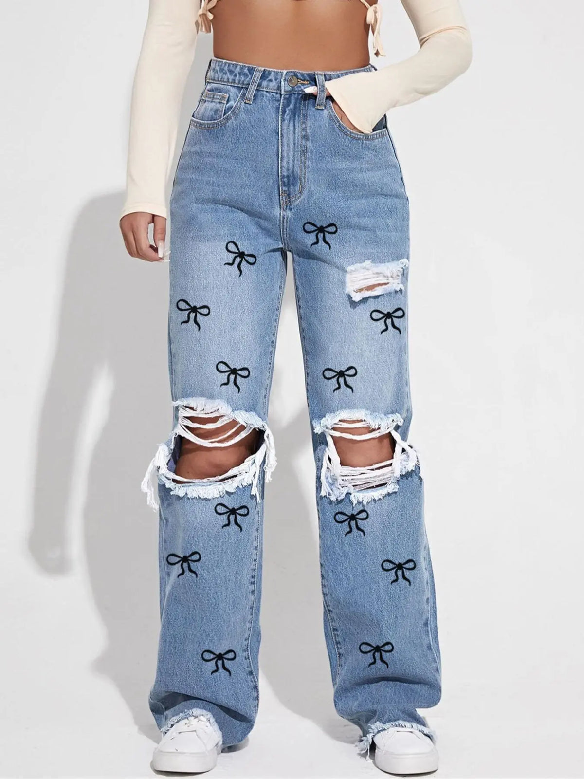 Women's Plain Ripped Jeans, Casual Comfy Pocket Design Frayed Edge Design High Waist Loose Fit Oversized Jeans for Daily Wear, Ladies Bottoms for All Seasons, Baggy Pants, Everyday