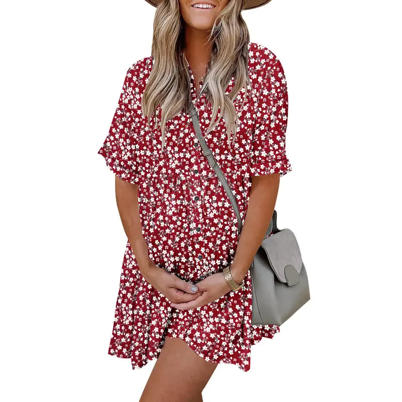AUSELILY Babydoll Dress for Women Short Sleeve Button Down Textured Non-clingy Loose Fit Flowy Mini Dress with Pockets 2026 New Summer Dress Beachy Style Dress Casual