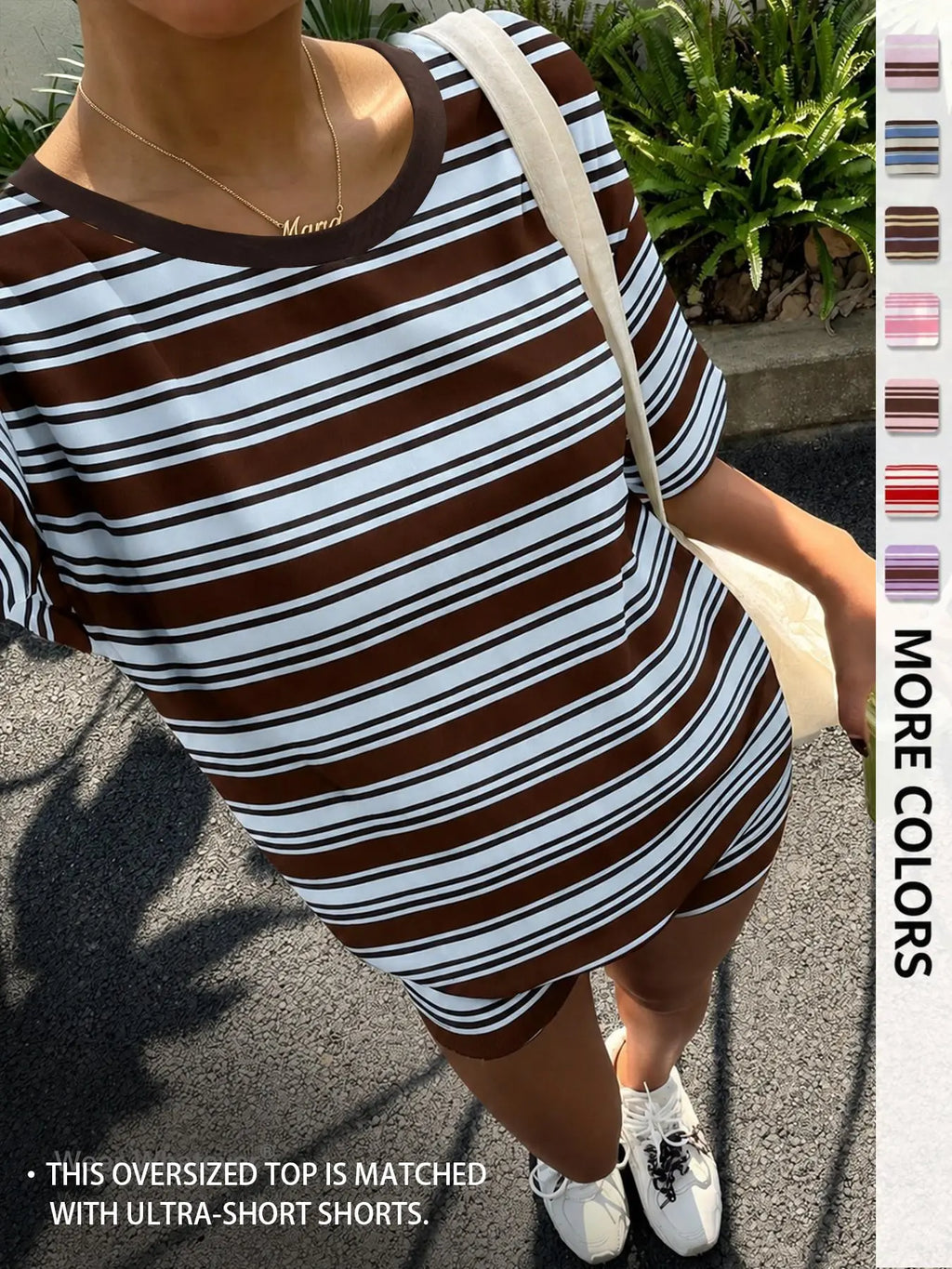 Women's Casual Striped Print Loose-Fit Set, Two Piece Outfit, Summer Wear, Vintage, American Retro Street Style, Perfect for Vacation and All-Day Home Wear, Fashion