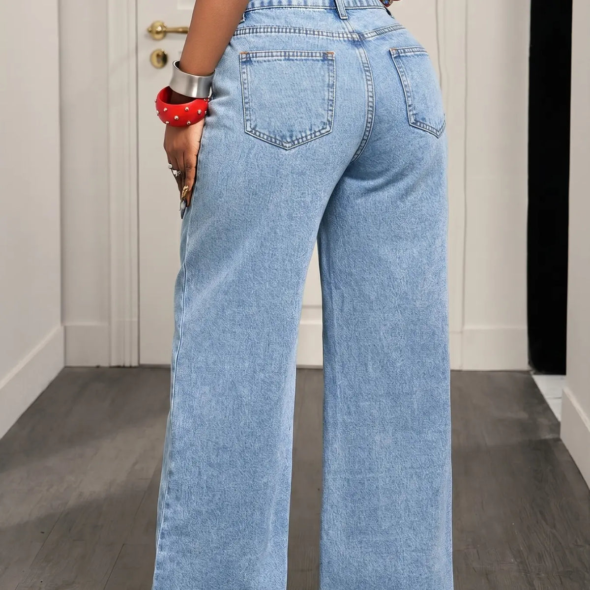 Women's Floral Embroidered Wide Leg Jeans, Casual High Waist Light Blue Washed Loose Fit Straight Pants, Long Denim Trousers, Casual Design Jeans