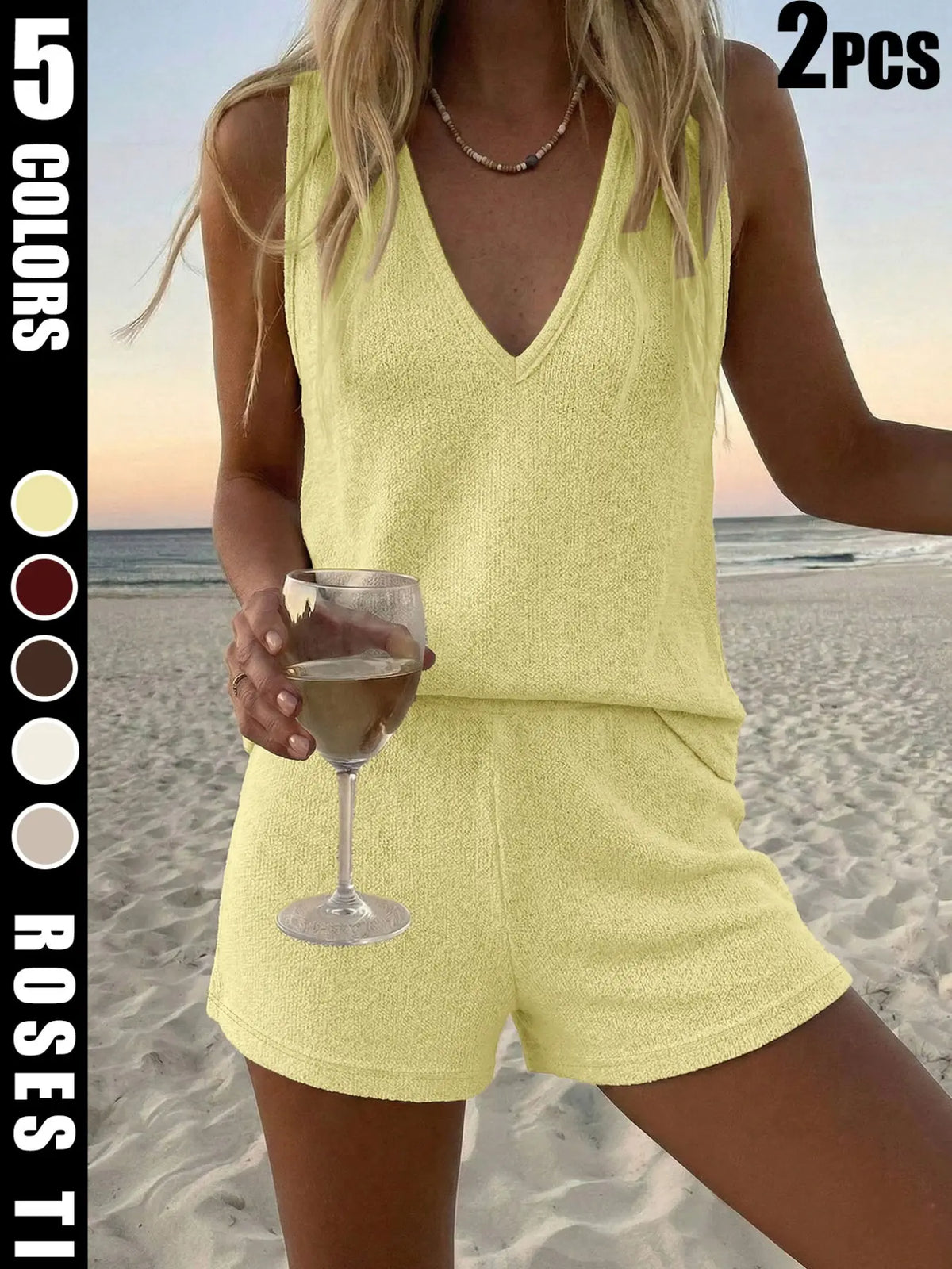 Women's Loose-Fit Baggy Knit Fabric Two-Piece Set Suits, V-Neck Sleeveless Tank Top & Knitted Shorts for Beach, Casual Summer Wear, Comfortable and Stylish Beachwear