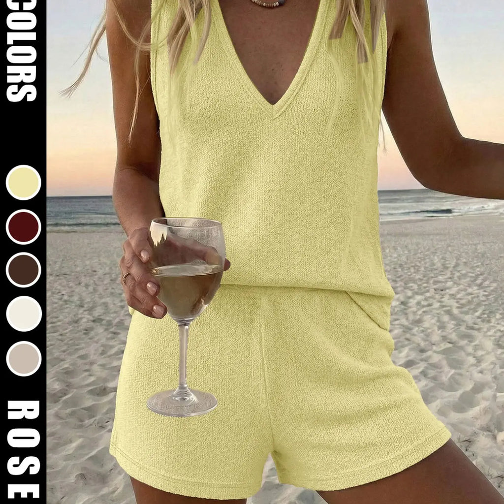 Women's Loose-Fit Baggy Knit Fabric Two-Piece Set Suits, V-Neck Sleeveless Tank Top & Knitted Shorts for Beach, Casual Summer Wear, Comfortable and Stylish Beachwear