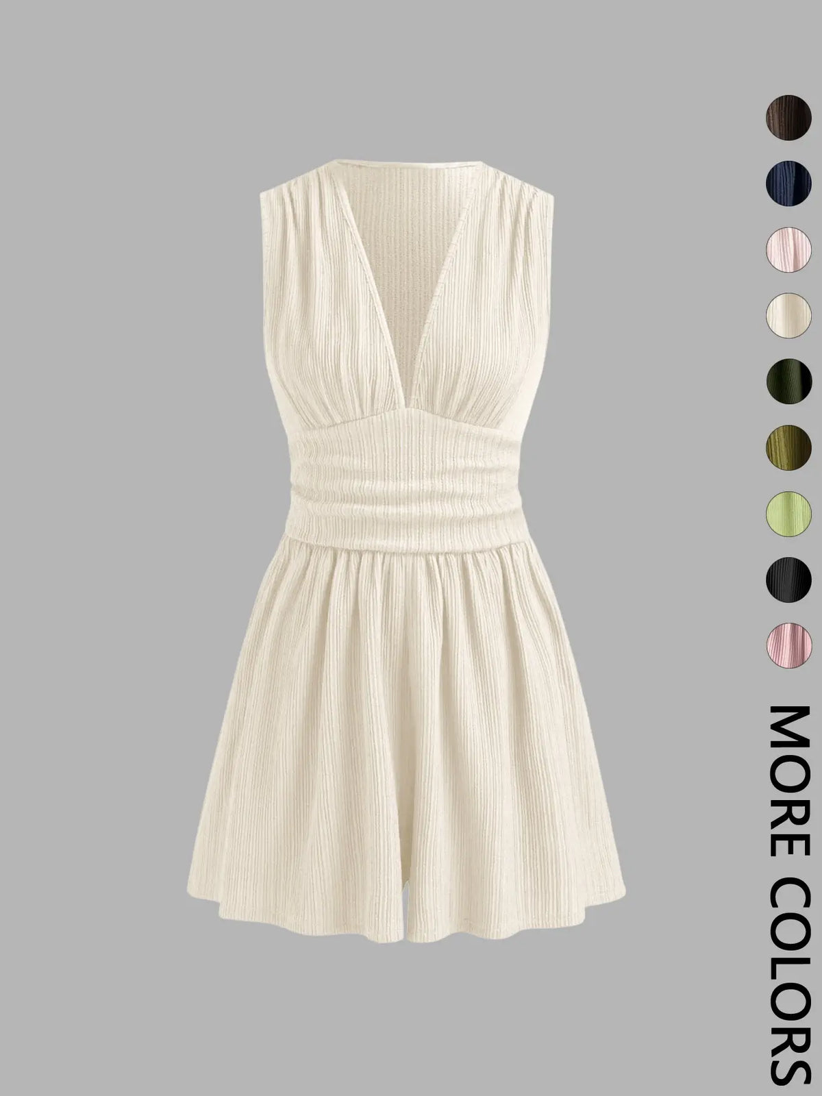 Women's Plain Ribbed Ruched Deep V Neck Tank Short Piece, Elegant Sleeveless Shorts Romper For Summer, Fashion Casual Ladies Clothes For Daily Wear