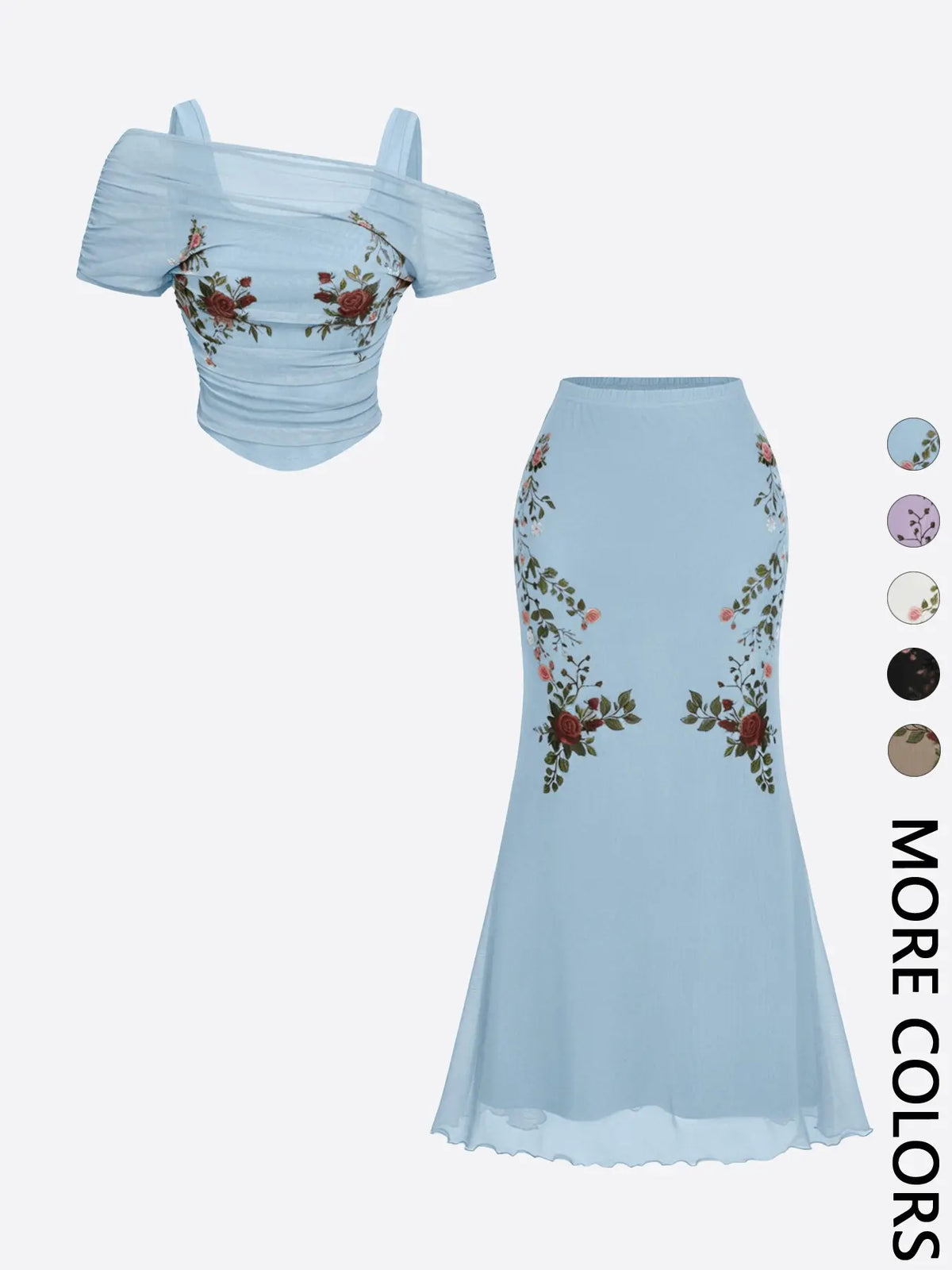 2 Piece Trendy Romantic Fairy Floral Print Off Shoulder Top and Midi Skirt Clothes Set for Women, Figure Flattering for Date, Vacation and Wedding